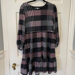 Sandra Darren Long Sleeve Plum, Black & White Plaid Dress